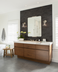 Modern bath, white walls, charcoal vanity